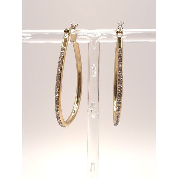 Gold Tone Rhinestone Hoop Earrings Oval Shaped - Picture 4 of 6